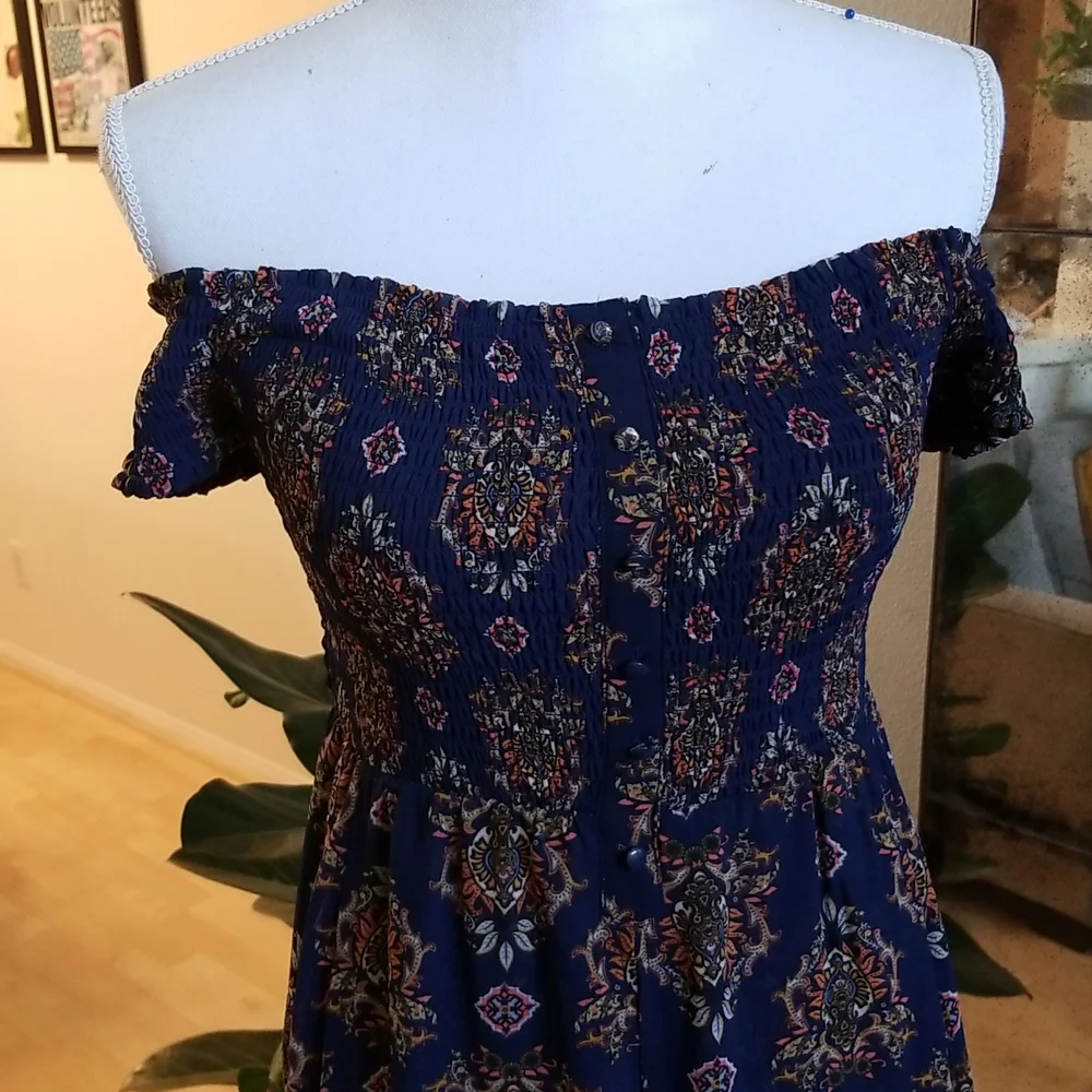 Xhilaration Blue & Orange Romper W Train Off Shoulder - Picture 5 of 11